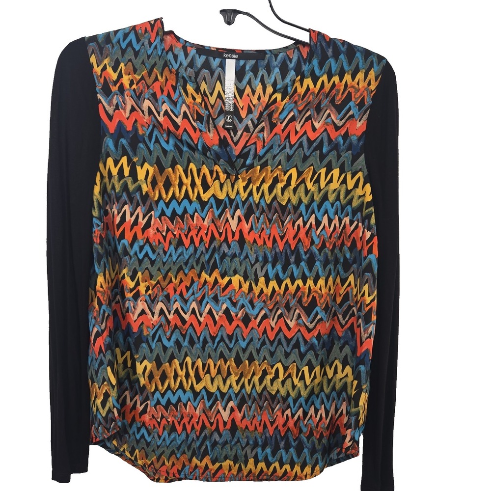 Kensie Geometric V-neck Contrast Sleeve Blouse Top Women's Large L